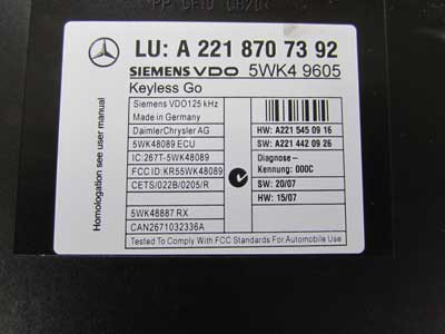 Mercedes Keyless Go Control Module Siemens VDO A2218707392 C216 W221 CL550 S550 S CL Class4